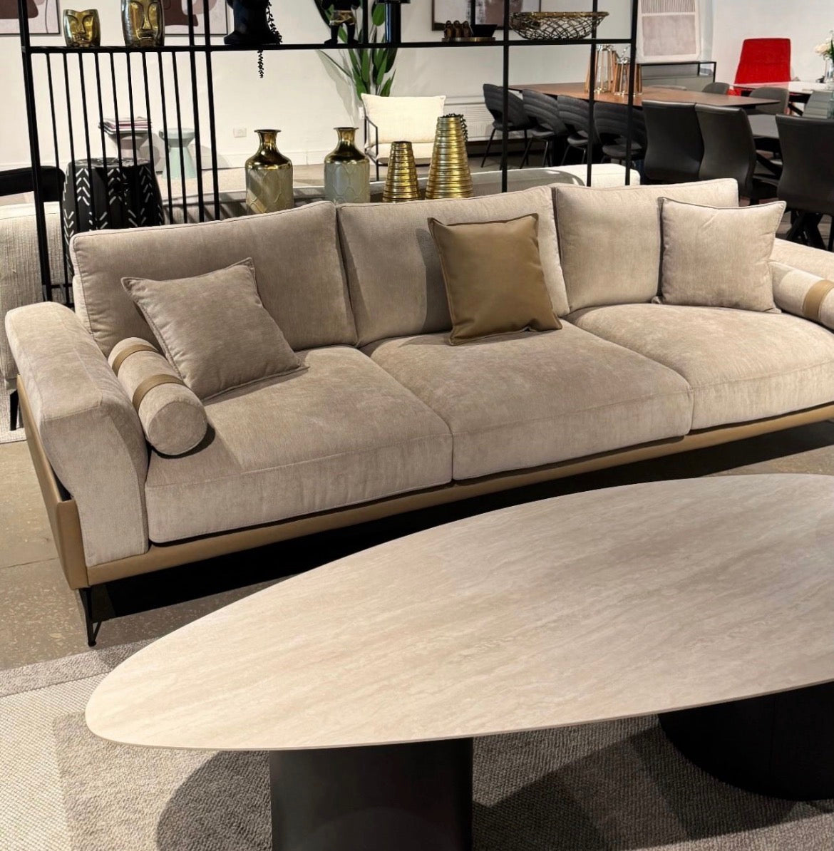 A cream-colored living room upholstered to the highest standard